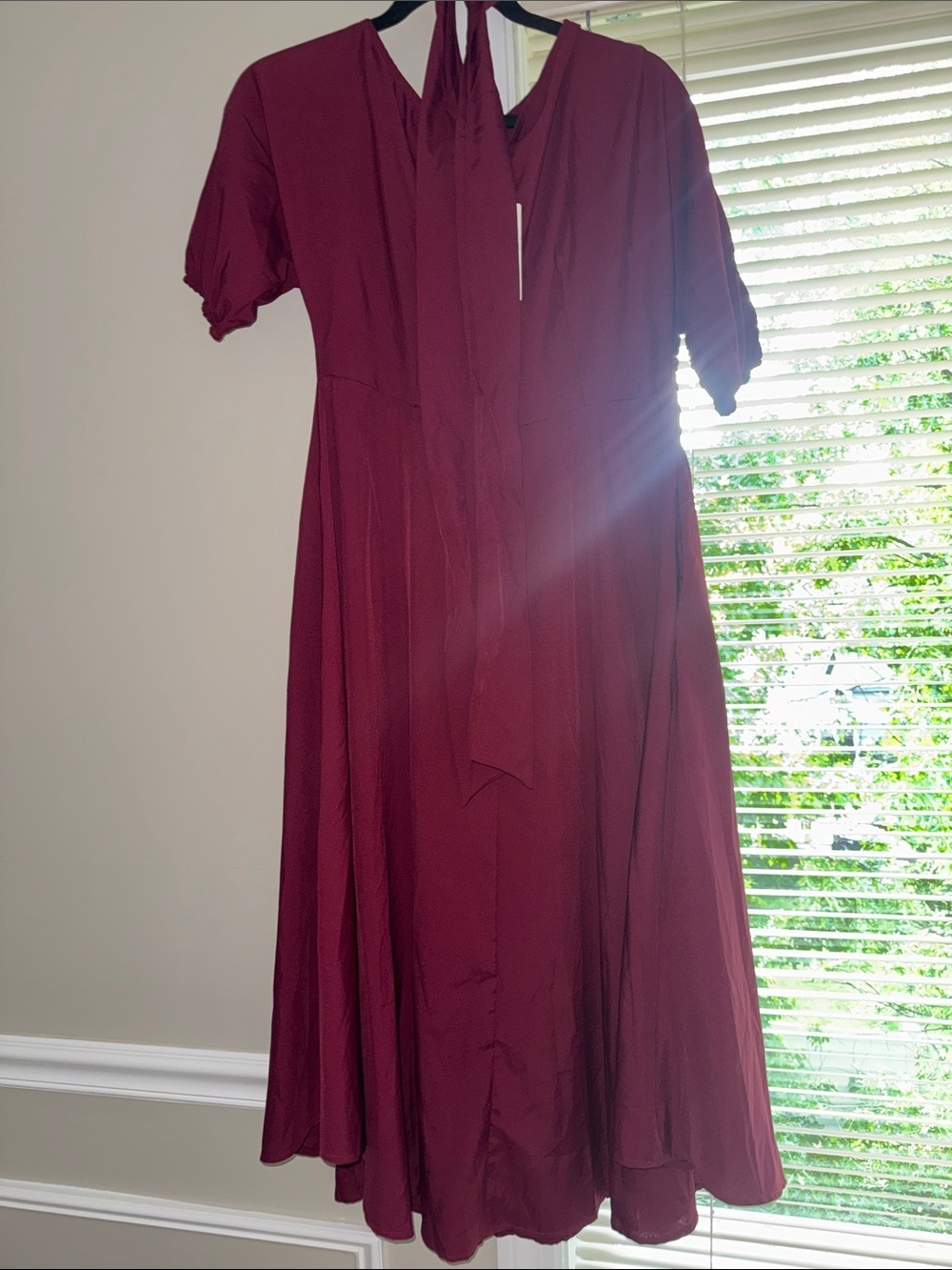 NWT Burgundy Midi Dress Size Large Puff Sleeve Wrap Style A-Line Dress - Picture 2 of 5